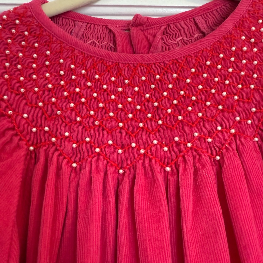 Velvet Smocked Puff Sleeve Pearl Dress